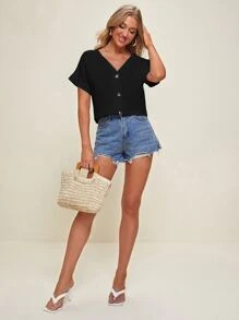 SHEIN V-neck Cuffed Sleeve Button Placket Blouse - Black - View 5