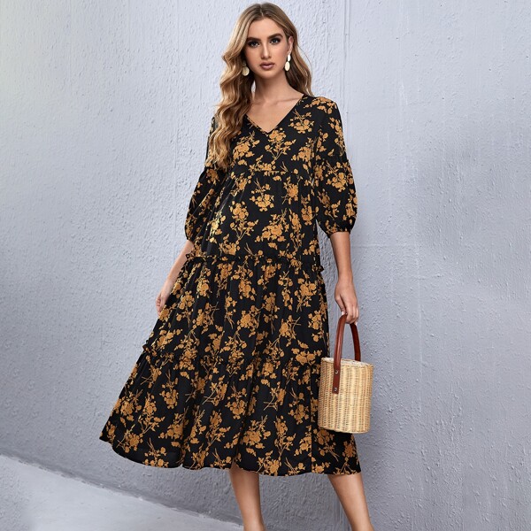 

Maternity V-neck Lantern Sleeve Floral Dress, Multicolor