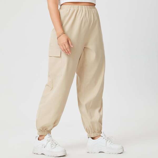 

Plus Elastic Rounded Flap Packets Pants, Apricot