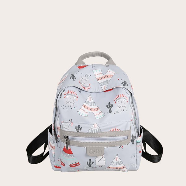 

Cartoon Graphic Pocket Front Backpack, Grey