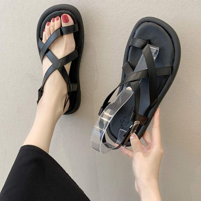

Cross Strap Flat Thong Sandals, Black