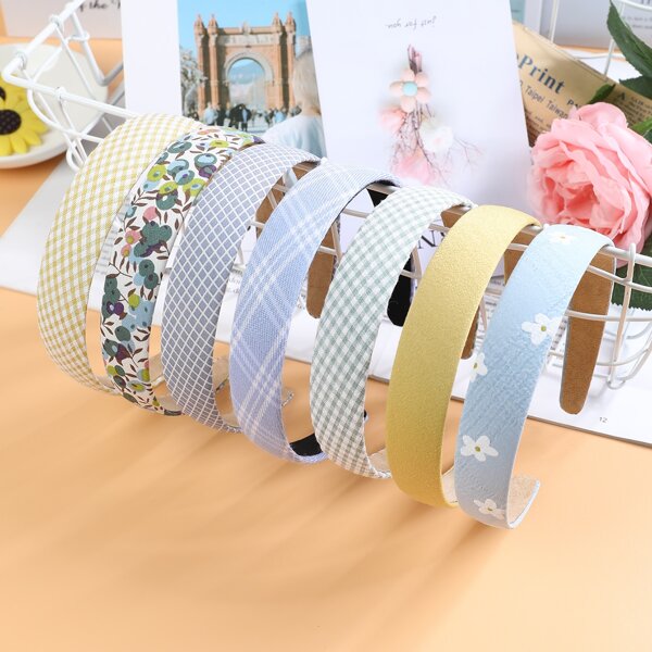 

7pcs Toddler Girls Plaid Print Hair Hoop, Multicolor