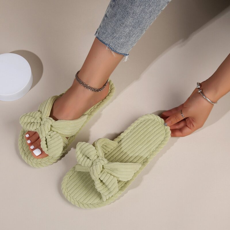 

Open Toe Bow Decor Bedroom Slippers, Green