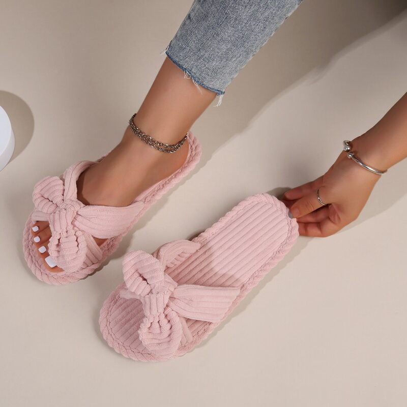 

Open Toe Bow Decor Bedroom Slippers, Pink