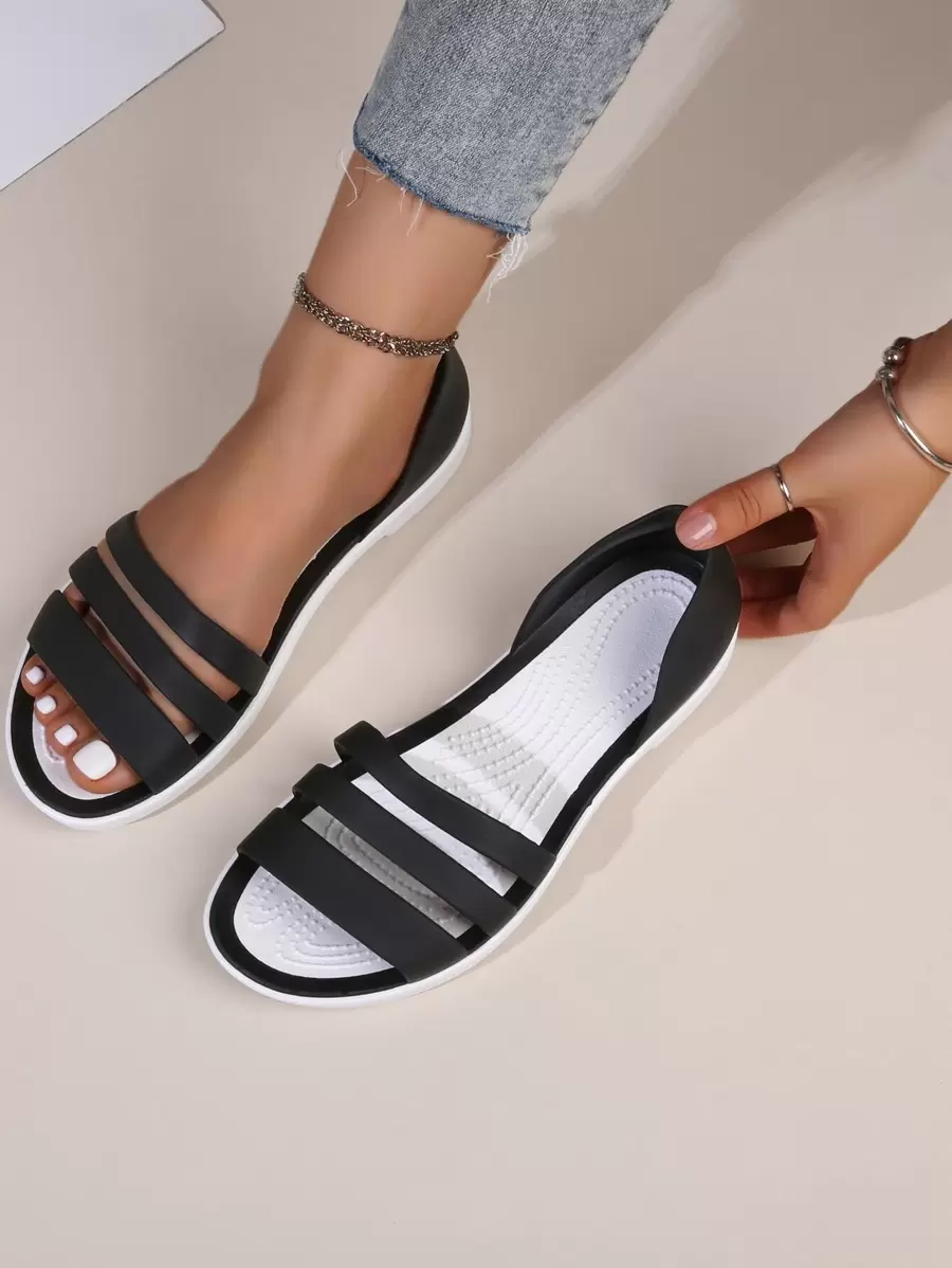 Sandalias planas de mujer con diseño de tira, puntera abierta y cómoda, de estilo minimalista, para uso casual, playa y vacaciones - Negro - Ver 1