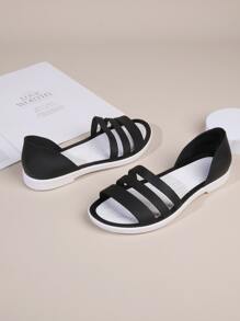 Sandalias planas de mujer con diseño de tira, puntera abierta y cómoda, de estilo minimalista, para uso casual, playa y vacaciones - Negro - Ver 2