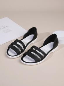 Sandalias planas de mujer con diseño de tira, puntera abierta y cómoda, de estilo minimalista, para uso casual, playa y vacaciones - Negro - Ver 4