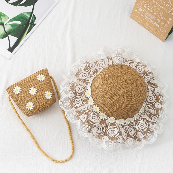 

Girls Flower Decor Straw hat & Crossbody Bag, Coffee brown