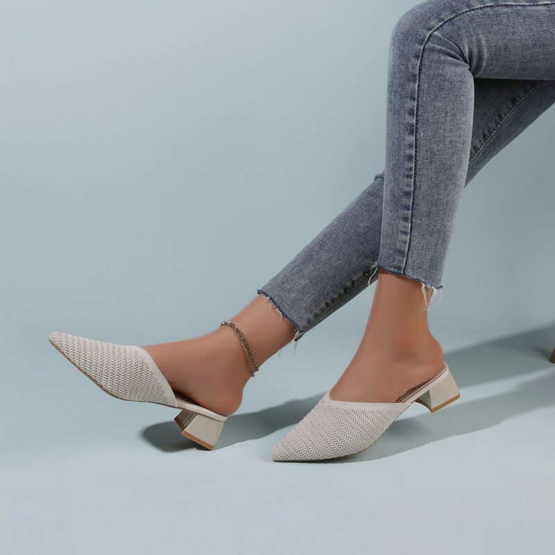 

Point Toe Low Heeled Mule Heels, Beige