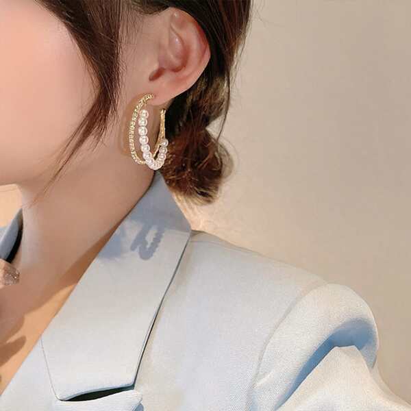 

Faux Pearl Decor Hoop Earrings, Gold
