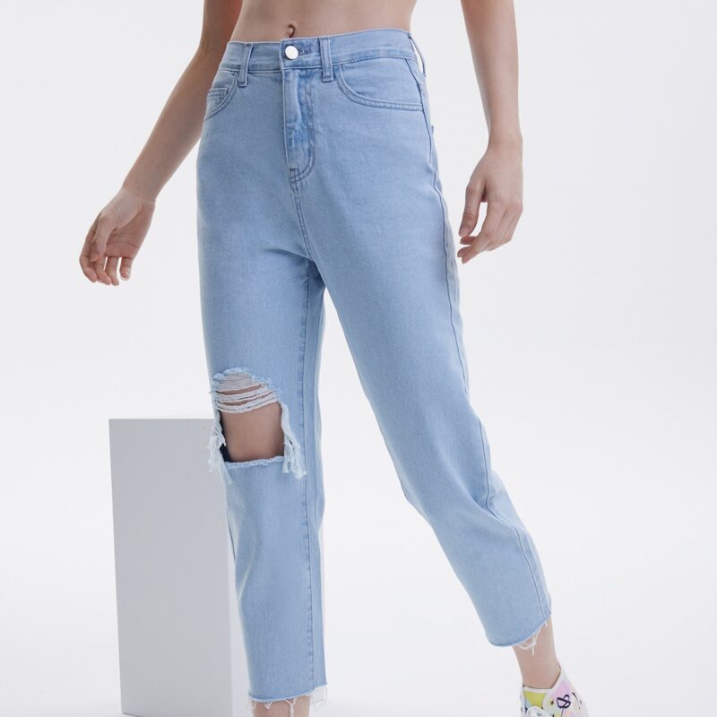 

Ripped Straight Leg Washed Jeans, Light wash