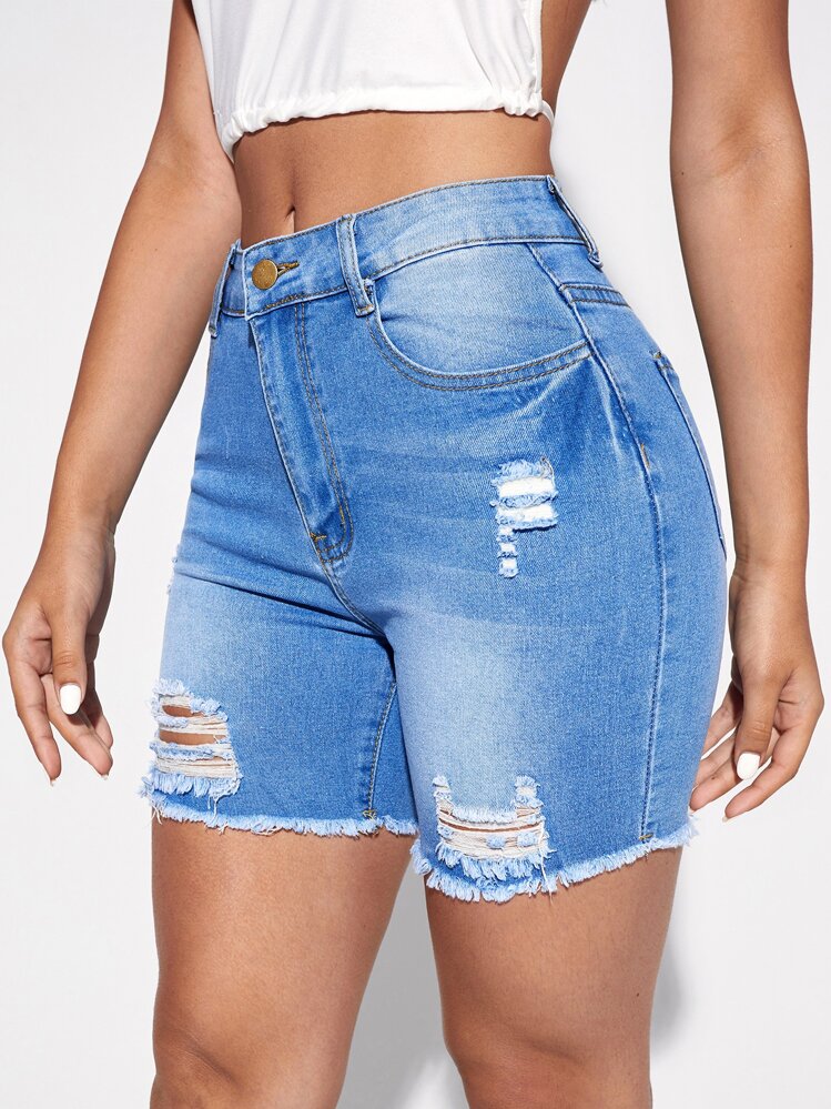 SHEIN Essnce Raw Hem Ripped Denim Shorts - Medium Wash - View 4