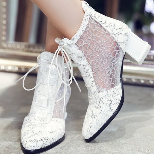 

Lace-up Front Chunky Heeled Sandal Boots, White
