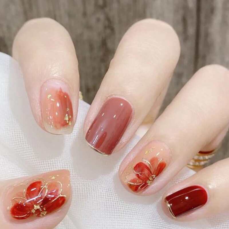 

24pcs Floral Fake Nail, Multicolor