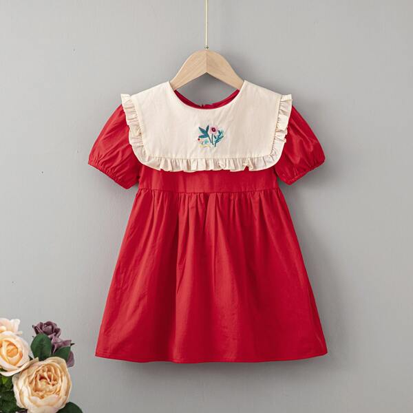 

Toddler Girls Embroidery Puff Sleeve Babydoll Dress, Red