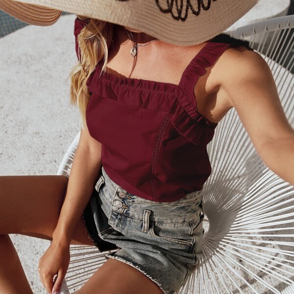 

Square Neck Ruffle Trim Solid Top, Burgundy