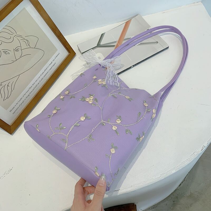 

Flower Embroidered Tote Bag, Purple