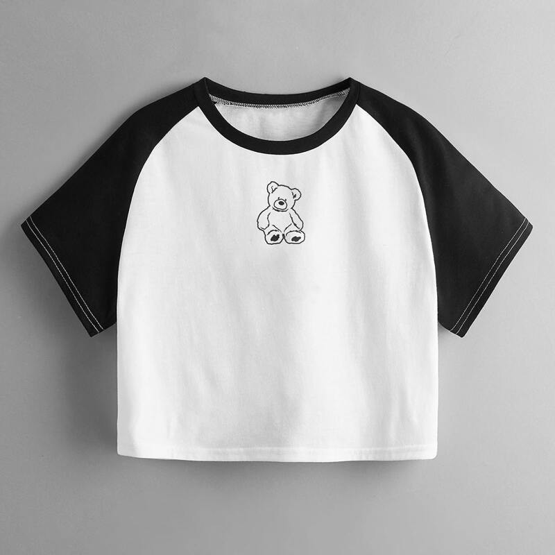

Cartoon Bear Graphic Baseball Tee, Black and white
