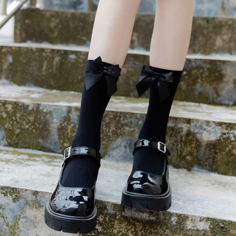 

1pair Bow Decor Crew Socks, Black