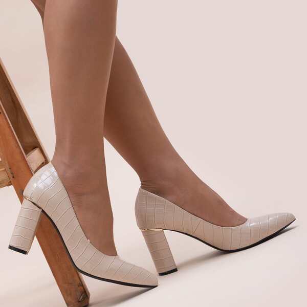 

Croc Embossed Chunky Court Heels, Beige