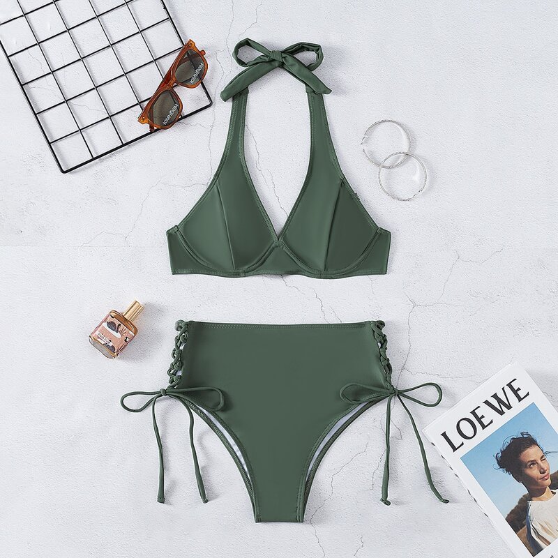 

Lace-up Side Halter Underwire Bikini Swimsuit, Army green