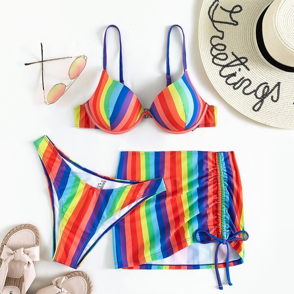 

3pack Rainbow Stripe Push Up Bikini Swimsuit & Beach Skirt, Multicolor