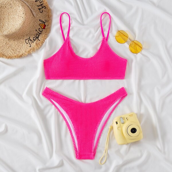 

Textured High Cut Bikini Swimsuit, Hot pink