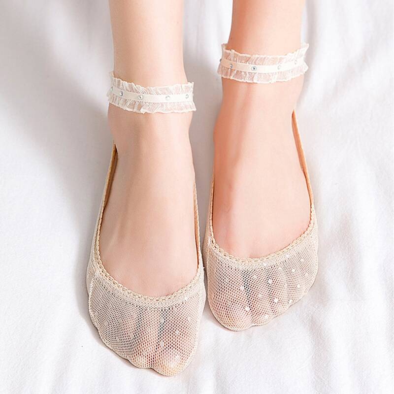 

Frill & Rhinestone Decor Invisible Socks, Beige