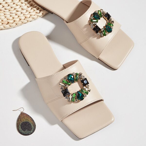 

Rhinestone Decor Slide Sandals, Beige