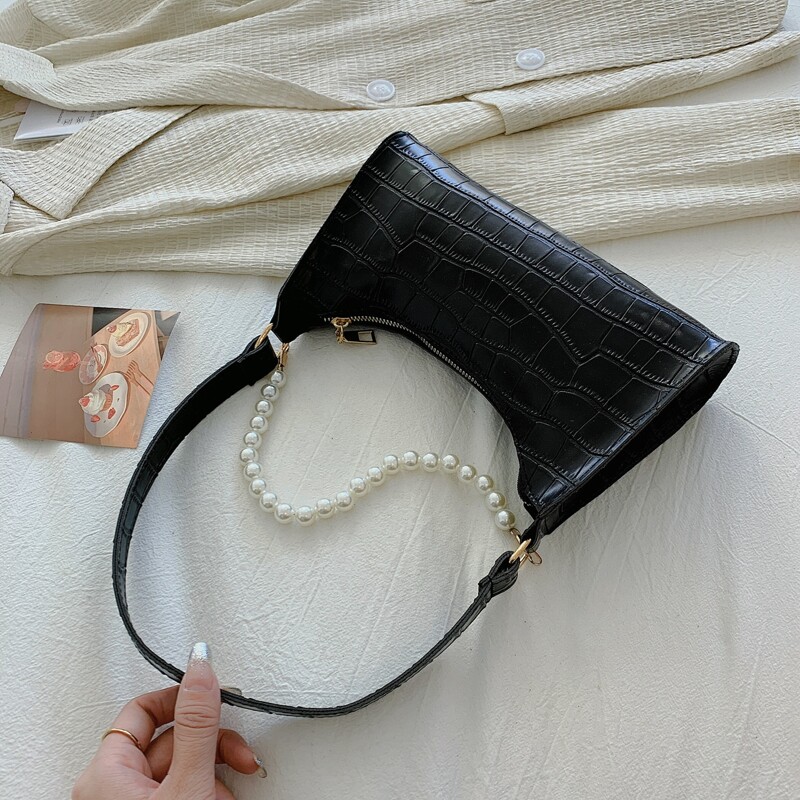 

Faux Pearl Decor Croc Embossed Shoulder Bag, Black