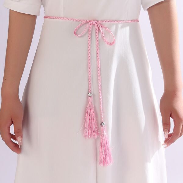 

Tassel Decor Braided Belt, Pink