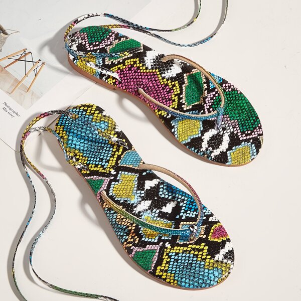 

Snakeskin Rhinestone Decor Gladiator Thong Sandals, Multicolor