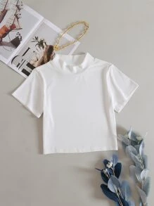 Camiseta corta de cuello alto tejida de canalé - Blanco - Ver 1