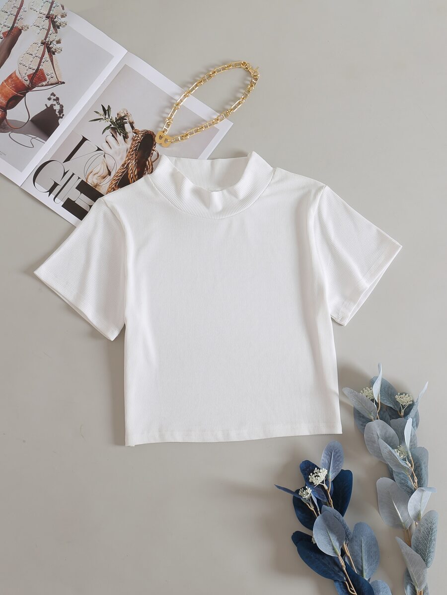 Camiseta corta de cuello alto tejida de canalé - Blanco - Ver 1
