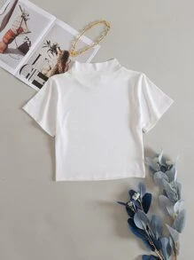 Camiseta corta de cuello alto tejida de canalé - Blanco - Ver 2