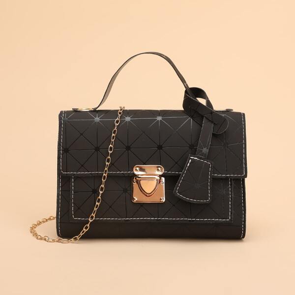 

Geometric Graphic Twist Lock Chain Satchel Bag, Black
