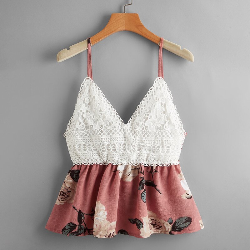 

Floral Graphic Contrast Lace Cami, Multicolor
