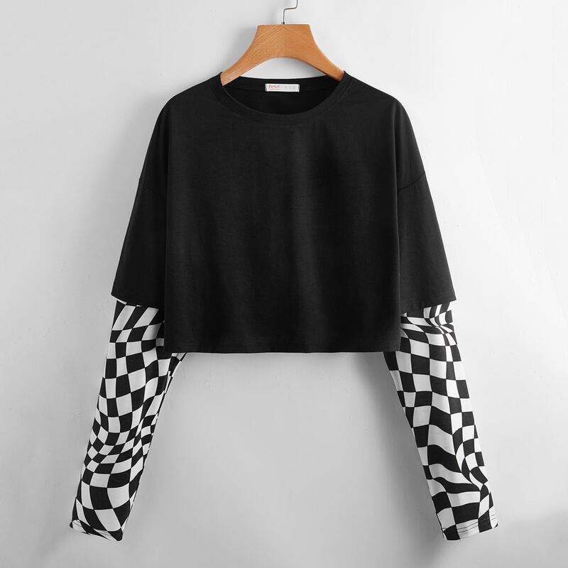 

Plaid 2 In 1 Crop Tee, Black