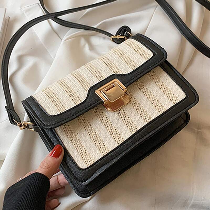 

Contrast Binding Woven Crossbody Bag, Black and white