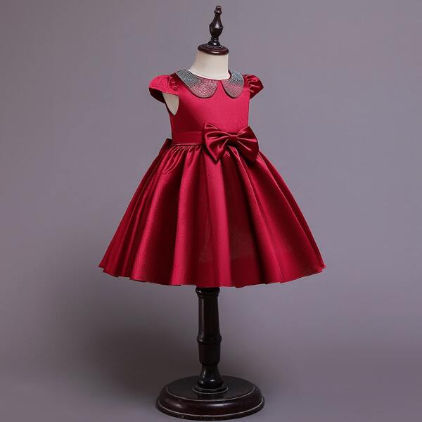 

Toddler Girls Peter Pan Collar Bow Front Gown Dress, Burgundy