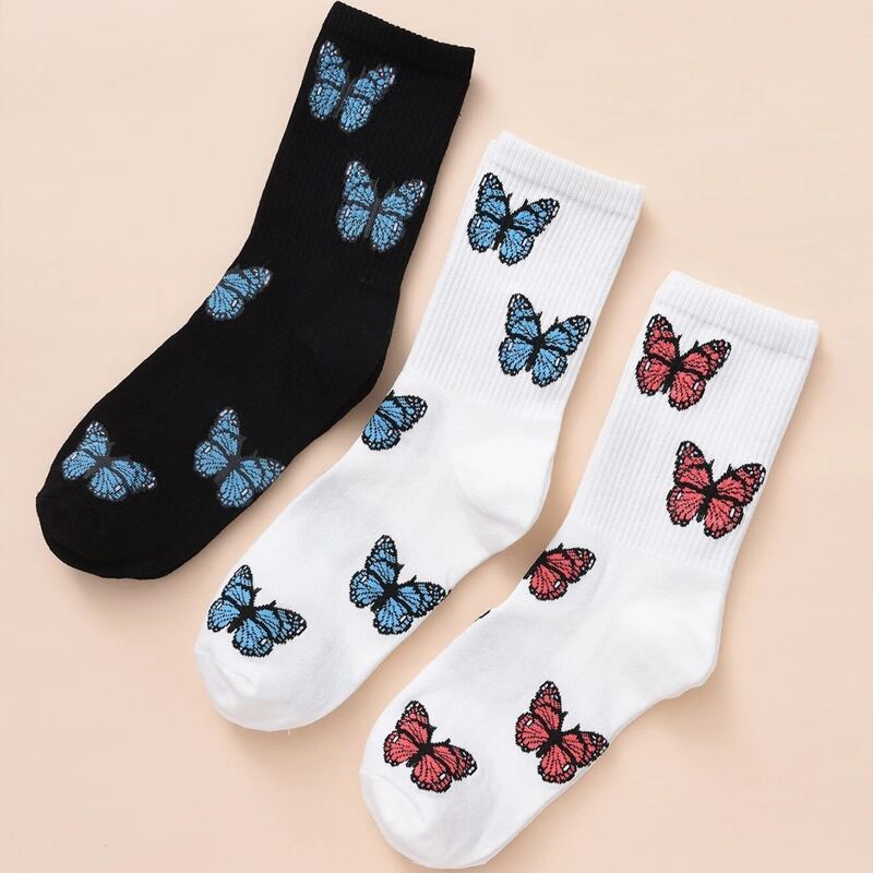 

3pairs Butterfly Graphic Crew Socks, Multicolor