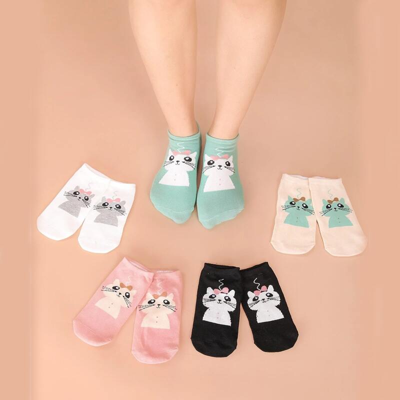 

5pairs Cartoon Cat Graphic Ankle Socks, Multicolor