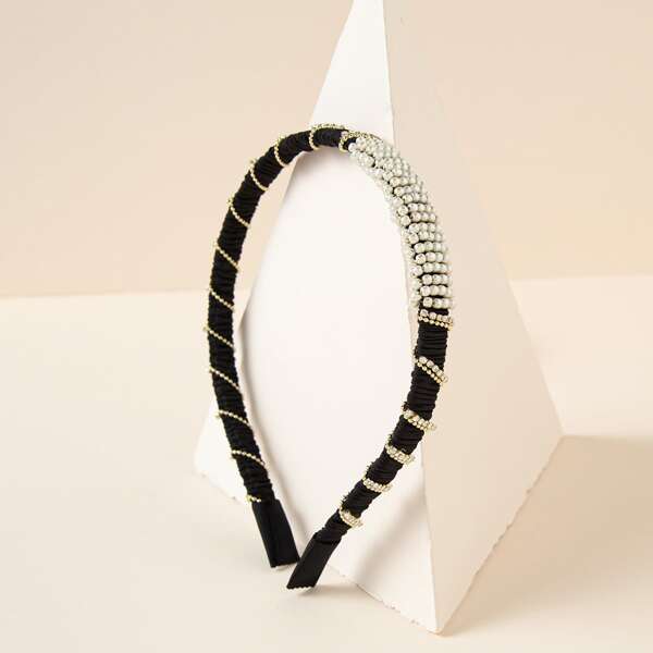 

Faux Pearl Beaded Headband, Black