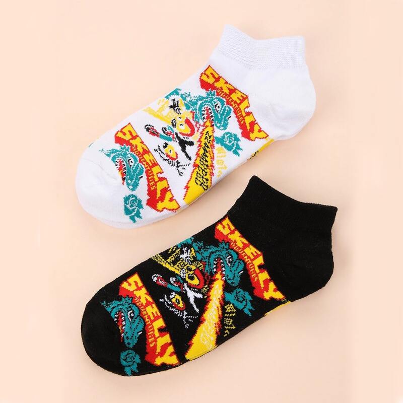 

2pairs Cartoon Graphic Ankle Socks, Multicolor