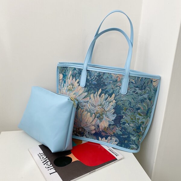 

Flower Graphic Decor Shoulder Tote Bag, Blue