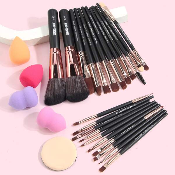

22pcs Makeup Brush Set & 4pcs Makeup Sponge & 1pc Puff, Coffee brown