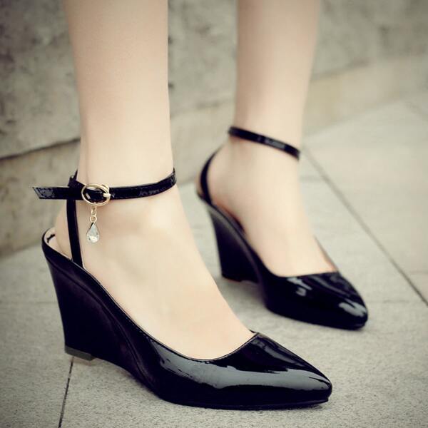 

Rhinestone Charm Ankle Strap Court Wedges, Black