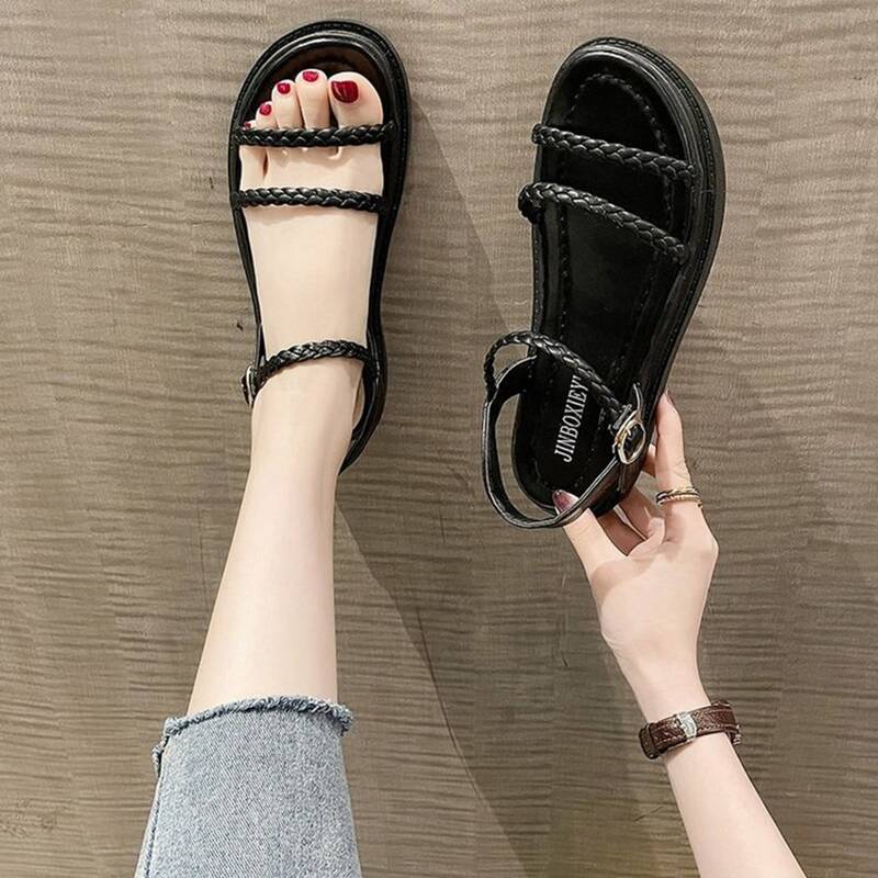 

Braided Thin Strap Sandals, Black