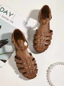 簡約鏤空魔術貼綁帶平底鞋，時尚素色咖啡色平底鞋 - 咖啡棕 - 查看 1