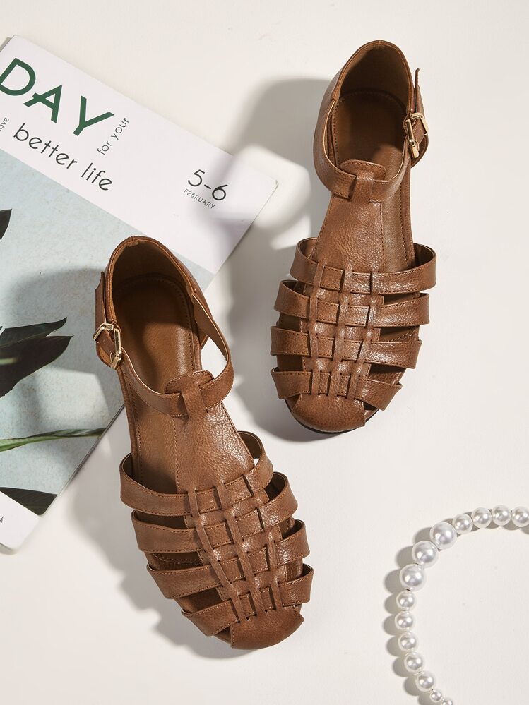 簡約鏤空魔術貼綁帶平底鞋，時尚素色咖啡色平底鞋 - 咖啡棕 - 查看 1